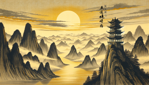 An artistic depiction in ancient Chinese painting style inspired by the famous Tang poem ‘登鹳雀楼’ by Wang Zhihuan. The scene features a tall watchtower overlooking vast rivers and distant mountains under a golden sunset. The flowing waters and layered peaks reflect the expansive and uplifting essence of the poem. Traditional brushwork captures the grandeur and depth of classical Chinese art. The poem ‘欲穷千里目，更上一层楼’ is elegantly written in traditional Chinese calligraphy within the image. Highly detailed and evocative.