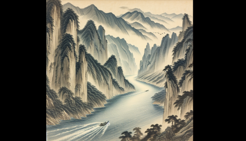 An artistic depiction in ancient Chinese painting style inspired by the famous Tang poem '早发白帝城' by Li Bai. The scene features a majestic river gorge with steep cliffs, misty mountains, and a small boat sailing swiftly down the water. The traditional brushwork highlights the natural beauty and dynamic energy of the landscape, reflecting the spirit of classical Chinese art. Highly detailed and evocative.