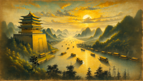 An artistic depiction in ancient Chinese painting style inspired by the famous Tang poem ‘黄鹤楼送孟浩然之广陵’ by Li Bai. The scene features the grand Yellow Crane Tower overlooking a wide river with sailing boats and distant green hills under a glowing sunset. The atmosphere conveys a sense of farewell and beauty, with traditional brushwork capturing the poetic spirit of the moment. Highly detailed and visually captivating.