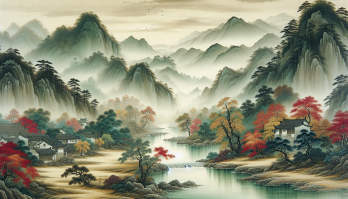 An artistic depiction in ancient Chinese painting style inspired by the famous Tang poem ‘山居秋暝’ by Wang Wei. The scene features a serene mountain village with a stream flowing gently through lush autumn trees. Mist rolls over the distant hills, capturing the tranquility and poetic beauty of the landscape. The traditional brushwork and muted tones highlight the timeless elegance of classical Chinese art. Highly detailed and atmospheric.