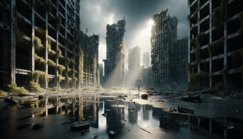 A cinematic depiction of a highly detailed post-apocalyptic scene with realistic lighting and reflections. The setting features a vast abandoned city square surrounded by towering, crumbling buildings covered in moss and vines. The ground is wet and reflective, capturing the faint glow of sunlight breaking through dark storm clouds. Scattered debris and an eerie silence create a haunting yet visually captivating atmosphere. Highly detailed and immersive.