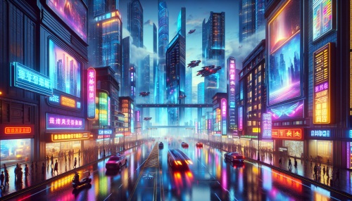 A highly detailed cinematic depiction of a futuristic cityscape. The scene features towering skyscrapers with sleek glass facades reflecting vibrant lights from neon signs and holographic advertisements. Flying vehicles streak across the sky, while people walk through bustling streets illuminated by dramatic lighting. The wet ground reflects the city’s glowing ambiance, creating a visually stunning and immersive urban environment. The composition captures a dynamic and high-tech future with realistic reflections and intricate details.