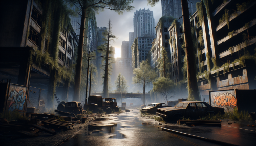 A cinematic depiction of a highly detailed post-apocalyptic scene with realistic lighting and reflections. The setting features a crumbled urban square with overgrown trees, abandoned vehicles, and graffiti-covered walls. The ground is wet and reflective, illuminated by faint light breaking through a cloudy, ominous sky. The atmosphere is haunting yet peaceful, showcasing the blend of ruin and nature’s reclamation. Highly detailed and visually captivating.