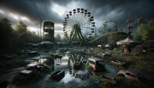 A cinematic depiction of a highly detailed post-apocalyptic scene with realistic lighting and reflections. The setting features an overgrown amusement park with rusting rides, broken ferris wheels, and abandoned stalls. The wet ground reflects the cloudy, dark sky, and creeping vines cover the remnants of a once joyous place. The atmosphere is eerie yet visually stunning, capturing a haunting beauty. Highly detailed and immersive.