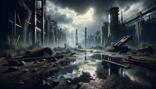 A cinematic depiction of a highly detailed post-apocalyptic scene with realistic lighting and reflections. The setting features a deserted industrial complex with crumbling machinery, overgrown vegetation, and debris scattered on the ground. The cloudy sky casts a dramatic light, and puddles reflect the eerie remnants of the complex. The atmosphere captures the haunting desolation of a world abandoned. Highly detailed and visually striking.