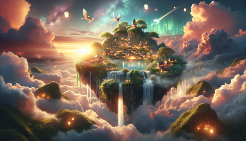 An imaginative and surreal depiction of a floating island in the sky. The island features lush greenery, cascading waterfalls that disappear into the clouds, and a small, glowing village with whimsical architecture. The sky is a blend of vibrant sunset colors, with ethereal light beams and floating lanterns adding a magical atmosphere. The composition is a mix of fantasy and realism, evoking a sense of wonder and tranquility. Highly detailed and visually enchanting.