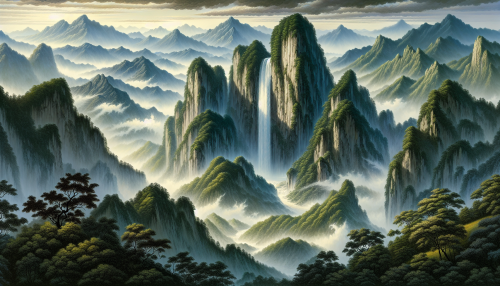 An artistic depiction in ancient Chinese painting style inspired by the famous Tang poem '望庐山瀑布' by Li Bai. The scene features the majestic Mount Lu with a towering waterfall cascading down cliffs, surrounded by misty mountains and lush green foliage. The flowing water and serene landscape embody the grandeur of the poem. Highly detailed and visually captivating.