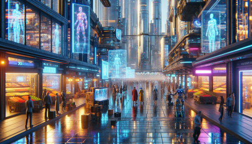 A highly detailed cinematic depiction of a futuristic cityscape. The scene features a bustling street surrounded by sleek glass buildings reflecting neon lights and holographic signs. Futuristic market stalls line the sidewalks, and people in advanced attire interact with robots. The wet pavement mirrors the glowing lights, creating a vibrant and energetic atmosphere. The composition captures the intricate details of a high-tech urban environment with realistic lighting and reflections.