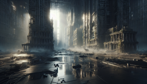 A cinematic depiction of a highly detailed post-apocalyptic scene with realistic lighting and reflections. The setting features a vast abandoned city square surrounded by towering, crumbling buildings covered in moss and vines. The ground is wet and reflective, capturing the faint glow of sunlight breaking through dark storm clouds. Scattered debris and an eerie silence create a haunting yet visually captivating atmosphere. Highly detailed and immersive.