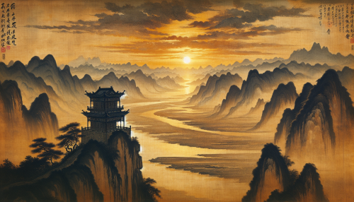 An artistic depiction in ancient Chinese painting style inspired by the famous Tang poem '登鹳雀楼' by Wang Zhihuan. The scene features a tall watchtower overlooking vast rivers and distant mountains under a golden sunset. The traditional brushwork highlights the expansive and uplifting essence of the poem, reflecting the spirit of classical Chinese art. Highly detailed and evocative.