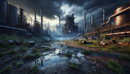 A cinematic depiction of a highly detailed post-apocalyptic scene with realistic lighting and reflections. The setting features a desolate industrial park with rusted machinery, crumbling smokestacks, and overgrown weeds. A dark, cloudy sky casts eerie shadows, and puddles on the ground reflect the scattered light. The scene captures the haunting silence of a forgotten industrial age overtaken by time. Highly detailed and immersive.