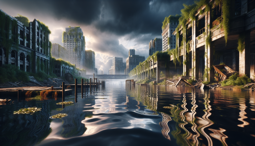 A cinematic depiction of a highly detailed post-apocalyptic scene with realistic lighting and reflections. The setting features an abandoned coastal town with half-sunken buildings, overgrown vegetation, and a decayed pier. The ocean reflects the gray, cloud-filled sky, and scattered debris adds to the desolate atmosphere. The scene captures the haunting beauty of a world overtaken by nature. Highly detailed and immersive.