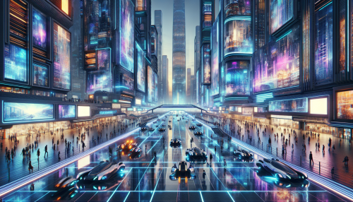 A highly detailed cinematic depiction of a futuristic cityscape. The scene features a central plaza surrounded by towering skyscrapers with glowing holographic displays. Futuristic vehicles hover above the plaza, and people in advanced attire walk beneath neon-lit pathways. The wet ground reflects the vivid lights, creating a vibrant and dynamic urban atmosphere. The composition showcases intricate architectural details and dramatic lighting effects.