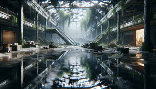 A cinematic depiction of a highly detailed post-apocalyptic scene with realistic lighting and reflections. The setting features a decayed shopping mall with shattered glass ceilings, rusted escalators, and overgrown vegetation creeping through the floors. The light from the cloudy sky casts eerie reflections on the damp ground, highlighting the haunting beauty of abandonment. Highly detailed and immersive.