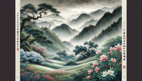 An artistic depiction in ancient Chinese painting style inspired by the famous Tang poem '春夜喜雨' by Du Fu. The scene features a vibrant spring field with gentle rain falling over blossoming flowers and green hills. The brushwork reflects the nurturing and life-giving essence of rain. Highly detailed and visually enchanting.