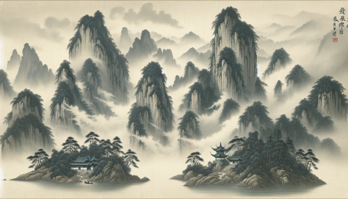 An artistic depiction in ancient Chinese painting style inspired by the famous Tang poem '终南山' by Wang Wei. The scene features towering mountains shrouded in mist, with a serene temple nestled among the trees. The tranquil atmosphere and elegant brushstrokes reflect the poem's reverence for nature. Highly detailed and visually stunning.