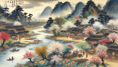 An artistic depiction in ancient Chinese painting style inspired by the famous Tang poem '江南春' by Du Mu. The scene features a lush countryside with blossoming flowers, flowing rivers, and a vibrant marketplace. The brushwork captures the lively and picturesque beauty of spring in the south. Highly detailed and visually enchanting.