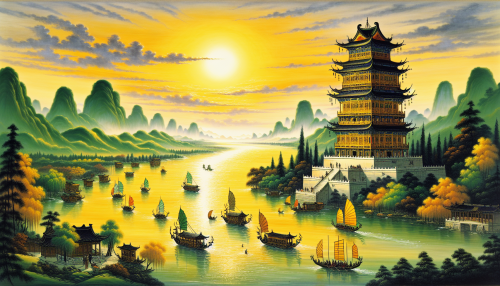 An artistic depiction in ancient Chinese painting style inspired by the famous Tang poem '黄鹤楼送孟浩然之广陵' by Li Bai. The scene features the grand Yellow Crane Tower overlooking a wide river with sailing boats and distant green hills under a glowing sunset. The traditional brushwork highlights the poetic spirit of the moment, reflecting the spirit of classical Chinese art. Highly detailed and evocative.