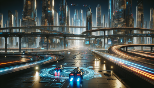 A highly detailed cinematic depiction of a futuristic cityscape. The scene features an elevated highway weaving through towering neon-lit skyscrapers, with flying vehicles zipping by. The ground is covered in reflective puddles that mirror the glowing holographic signs and vibrant city lights. The atmosphere is dynamic and immersive, showcasing a bustling urban environment with intricate details and dramatic lighting.