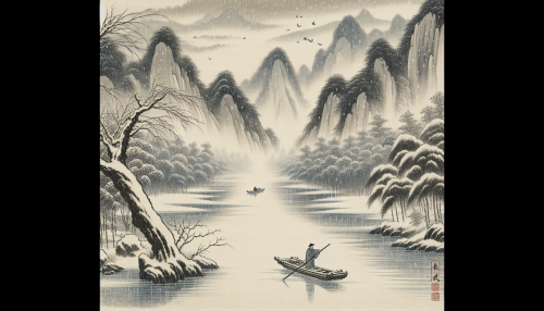 An artistic depiction in ancient Chinese painting style inspired by the famous Tang poem '江雪' by Liu Zongyuan. The scene features a vast, snow-covered river with a lone fisherman on a small boat. The trees and mountains are blanketed in white, creating a silent and serene atmosphere. The traditional brushwork emphasizes the desolation and beauty described in the poem. Highly detailed and visually poetic.