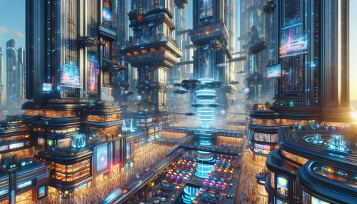 A highly detailed cinematic depiction of a futuristic cityscape. The scene features a bustling marketplace in a futuristic urban setting, with sleek buildings reflecting vibrant neon lights and holographic advertisements. Crowds of people and robots interact under dramatic lighting, while reflective surfaces enhance the vibrant ambiance. Flying vehicles add dynamic movement to the skyline. The composition is immersive, capturing the intricate details of a high-tech city.