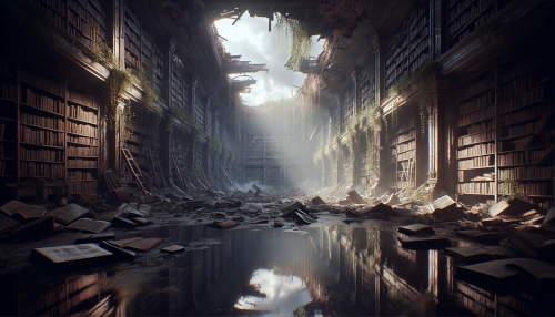 A cinematic depiction of a highly detailed post-apocalyptic scene with realistic lighting and reflections. The setting features an abandoned library with collapsed walls, scattered books, and vines creeping through shattered windows. Dim light filters through the cloudy sky, reflecting on the dusty floors and puddles, adding to the haunting yet serene atmosphere. Highly detailed and visually captivating.