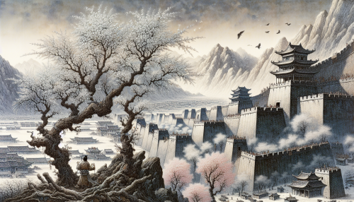 An artistic depiction in ancient Chinese painting style inspired by the famous Tang poem '春望' by Du Fu. The scene features a war-torn city with blooming trees juxtaposed against crumbling walls, symbolizing hope amidst despair. The intricate brushwork captures the emotional depth and historical context of the poem. Highly detailed and evocative.