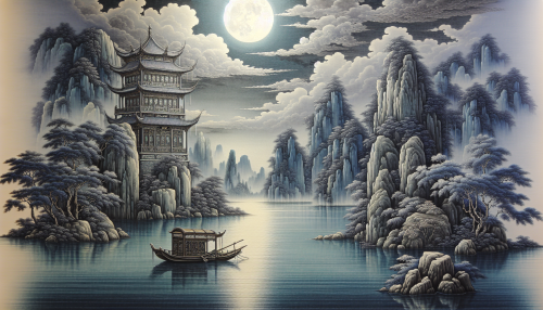 An artistic depiction in ancient Chinese painting style inspired by the famous Tang poem '夜泊牛渚怀古' by Li Bai. The scene features a majestic river under a moonlit sky, with an ancient tower standing on a rocky island. A lone boat is docked on the calm waters, reflecting the nostalgic atmosphere of the poem. The setting is tranquil and poetic, with intricate details capturing the essence of history and nature. Highly detailed and visually stunning.