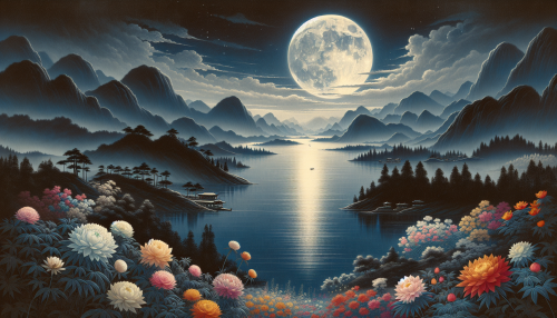 An artistic depiction in ancient Chinese painting style inspired by the famous Tang poem ‘春江花月夜’ by Zhang Ruoxu. The scene features a vast river under a full moon, surrounded by blooming flowers and distant mountains. The tranquil atmosphere and delicate brushwork reflect the lyrical beauty and poetic imagery of the poem. Highly detailed and visually mesmerizing.