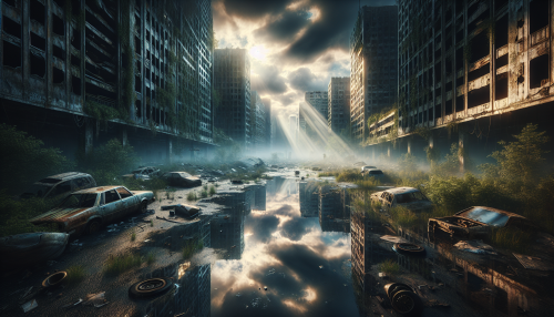 A cinematic depiction of a highly detailed post-apocalyptic scene with realistic lighting and reflections. The setting features a desolate urban landscape with crumbling buildings, overgrown vegetation, and abandoned vehicles scattered across wet streets. The sky is filled with dark clouds, with faint rays of sunlight breaking through, casting dramatic reflections on the puddles. The atmosphere captures the eerie beauty and haunting desolation of a world left behind. Highly detailed and immersive.