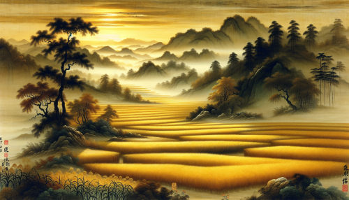 An artistic depiction in ancient Chinese painting style inspired by the famous Tang poem '早秋' by Du Mu. The scene features a quiet countryside at dawn with golden rice fields and a faint mist over the hills. The brushwork emphasizes the calm beauty and changing seasons. Highly detailed and visually captivating.