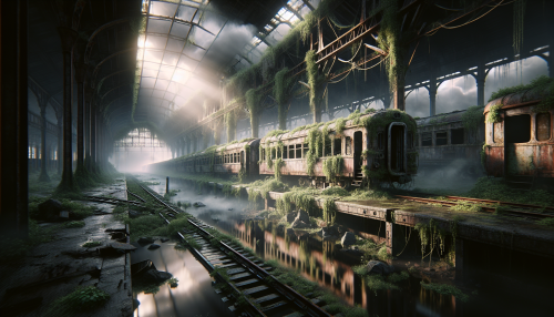 A cinematic depiction of a highly detailed post-apocalyptic scene with realistic lighting and reflections. The setting features a desolate train station with rusting tracks, broken platforms, and vines growing over abandoned train cars. The cloudy sky casts dim light, reflecting off puddles on the ground, creating a haunting yet beautiful atmosphere. Highly detailed and visually immersive.