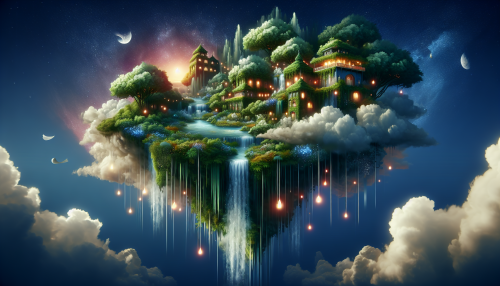 An imaginative and surreal depiction of a floating island in the sky. The island features lush greenery, cascading waterfalls that disappear into the clouds, and a small, glowing village with whimsical architecture. The sky is a blend of vibrant sunset colors, with ethereal light beams and floating lanterns adding a magical atmosphere. The composition is a mix of fantasy and realism, evoking a sense of wonder and tranquility. Highly detailed and visually enchanting.