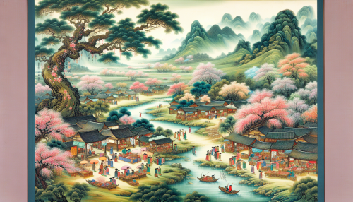 An artistic depiction in ancient Chinese painting style inspired by the famous Tang poem '江南春' by Du Mu. The scene features a lush countryside with blossoming flowers, flowing rivers, and a vibrant marketplace. The brushwork captures the lively and picturesque beauty of spring in the south. Highly detailed and visually enchanting.