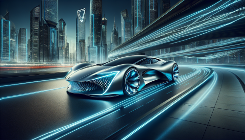 A highly detailed cinematic depiction of a futuristic supercar. The car features an innovative, fluid design with glowing blue neon strips highlighting its contours. The metallic finish reflects a futuristic cityscape in the background, with dynamic lighting enhancing its sleek profile. The composition captures the essence of speed and luxury. Highly detailed and visually compelling.