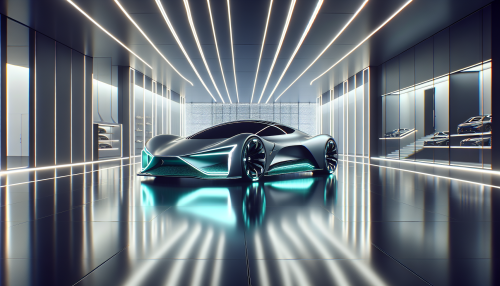 A highly detailed cinematic depiction of a futuristic supercar. The car features a minimalist yet elegant design with glowing green accents along its sides. The scene is set in a high-tech showroom with reflective floors and ambient lighting, emphasizing the car’s futuristic and luxurious feel. Highly detailed and visually immersive.