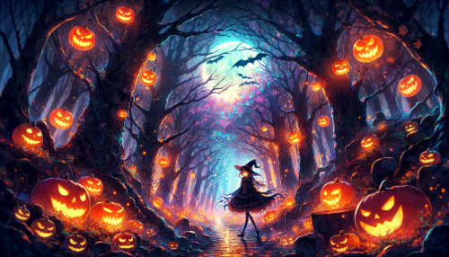 A highly detailed anime-style illustration with a Halloween theme. The scene features a mysterious forest illuminated by glowing jack-o’-lanterns and a foggy, enchanted atmosphere. A costumed figure, dressed as a witch, walks along a moonlit path surrounded by spooky trees and fluttering bats. The vibrant colors and intricate details create a magical and slightly eerie Halloween vibe.