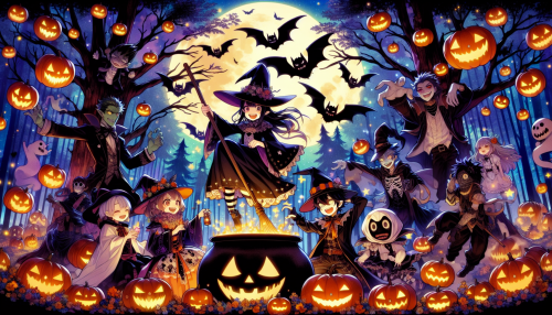 A highly detailed anime-style illustration with a Halloween theme. The scene features a spooky and magical forest with glowing jack-o’-lanterns, flying bats, and costumed characters celebrating under a full moon. A witch is seen stirring a glowing cauldron, and the atmosphere is filled with vibrant colors and intricate Halloween-themed details. The setting is whimsical and slightly eerie, capturing the festive spirit of Halloween.