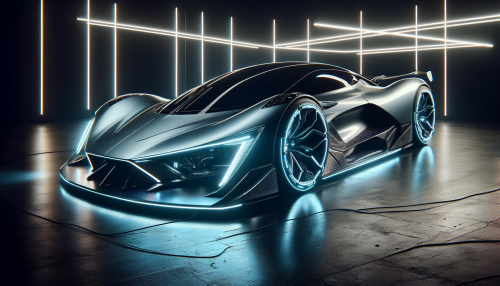 A highly detailed cinematic depiction of a futuristic supercar. The car features a sleek, aerodynamic design with sharp edges and glowing neon accents. The metallic body reflects the surrounding environment under dramatic studio lighting, showcasing its high-tech appearance. The setting includes a reflective surface and a moody background, emphasizing the car’s elegance and power. Highly detailed and visually striking.