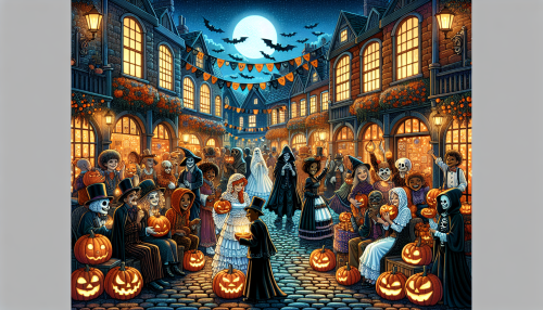 A highly detailed anime-style illustration with a Halloween theme. The scene features a cozy Halloween town square filled with glowing jack-o’-lanterns, cobblestone streets, and decorated shops. Costumed characters, including ghosts and witches, are seen enjoying festive activities. The atmosphere is vibrant and cheerful, with intricate details capturing the magical essence of Halloween night.