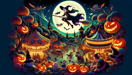 A highly detailed anime-style illustration with a Halloween theme. The scene features a spooky yet cheerful Halloween carnival with glowing lanterns, haunted rides, and costumed characters enjoying the festivities. A witch flies above the carnival on a broomstick, illuminated by a full moon. The atmosphere is vibrant and magical, capturing the fun and mystery of Halloween night.