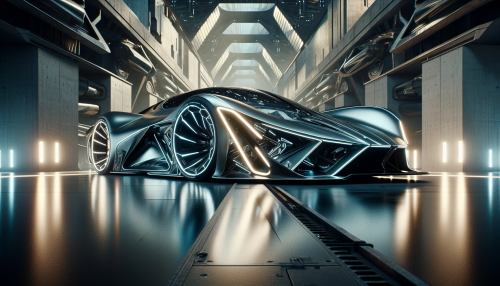 A highly detailed cinematic depiction of a futuristic supercar. The car features a bold, angular design with glowing LED lines integrated into the body. The reflective surface showcases the metallic finish under dynamic lighting. The setting is an industrial-style background with dramatic shadows, emphasizing the car’s power and luxury. Highly detailed and visually immersive.