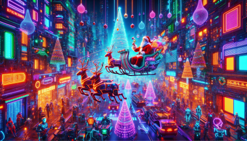 A highly detailed cyberpunk-style Christmas-themed scene. The setting features a futuristic cityscape illuminated by neon lights in vibrant colors, with holographic Christmas decorations floating in the air. Santa Claus, dressed in a sleek, tech-inspired red suit, rides a futuristic sleigh powered by glowing engines. The streets are filled with people in cyberpunk attire, celebrating the holiday amidst glowing neon trees and robotic reindeer. The atmosphere is dynamic, combining the festive spirit with a futuristic edge.