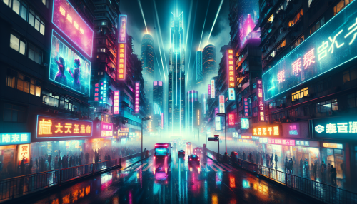 A vibrant cyberpunk cityscape at night, with towering neon-lit skyscrapers reflecting on wet streets. Holographic billboards and flying vehicles dominate the sky. The scene is filled with bustling streets, costumed pedestrians, and dynamic light beams cutting through a misty atmosphere. Highly detailed and visually immersive.