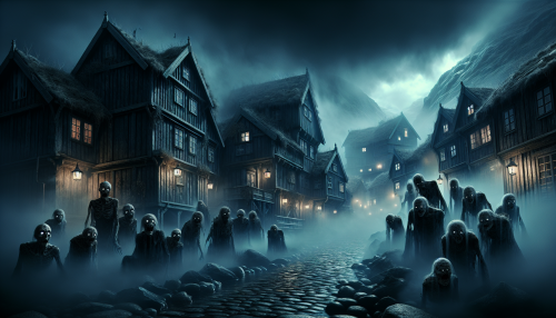 A cinematic depiction of a highly detailed Nordic town shrouded in dense fog, with all lights extinguished. The scene features darkened traditional wooden houses and cobblestone streets, barely visible under the heavy mist. Terrifying, grotesque zombies with decayed features emerge from the fog, illuminated only by the faint moonlight breaking through the clouds. The atmosphere is intensely eerie, creating a chilling and haunting environment. Highly detailed and visually immersive.