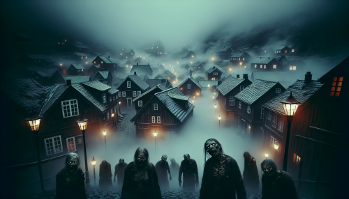 A cinematic depiction of a highly detailed Nordic town shrouded in dense fog, with all lights extinguished. The scene features darkened traditional wooden houses and cobblestone streets, barely visible under the heavy mist. Terrifying, grotesque zombies with decayed features emerge from the fog, illuminated only by the faint moonlight breaking through the clouds. The atmosphere is intensely eerie, creating a chilling and haunting environment. Highly detailed and visually immersive.