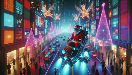 A highly detailed cyberpunk-style Christmas-themed scene. The setting features a futuristic cityscape illuminated by neon lights in vibrant colors, with holographic Christmas decorations floating in the air. Santa Claus, dressed in a sleek, tech-inspired red suit, rides a futuristic sleigh powered by glowing engines. The streets are filled with people in cyberpunk attire, celebrating the holiday amidst glowing neon trees and robotic reindeer. The atmosphere is dynamic, combining the festive spirit with a futuristic edge.