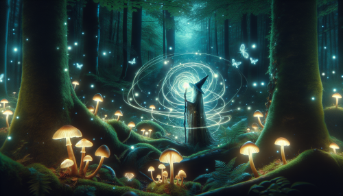 A mystical forest illuminated by glowing mushrooms and fireflies. In the center, a mysterious witch stands with a glowing staff, surrounded by swirling magical energy. The atmosphere is enchanting, with soft moonlight filtering through dense trees and intricate magical details.