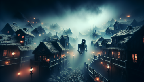 A cinematic depiction of a highly detailed Nordic town shrouded in dense fog, with all lights extinguished. The scene features darkened traditional wooden houses and cobblestone streets, barely visible under the heavy mist. Terrifying, grotesque zombies with decayed features emerge from the fog, illuminated only by the faint moonlight breaking through the clouds. The atmosphere is intensely eerie, creating a chilling and haunting environment. Highly detailed and visually immersive.