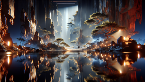 A cinematic depiction of a highly detailed random scene with realistic lighting and reflections. The composition features unexpected elements and intricate details illuminated by dynamic and atmospheric lighting. Reflective surfaces enhance depth and realism, while the theme and style are completely random, creating a visually captivating and immersive environment.